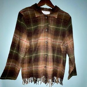 Vintage Wool Blend Plaid Flannel Fringe Shacket / Jacket Size 14
